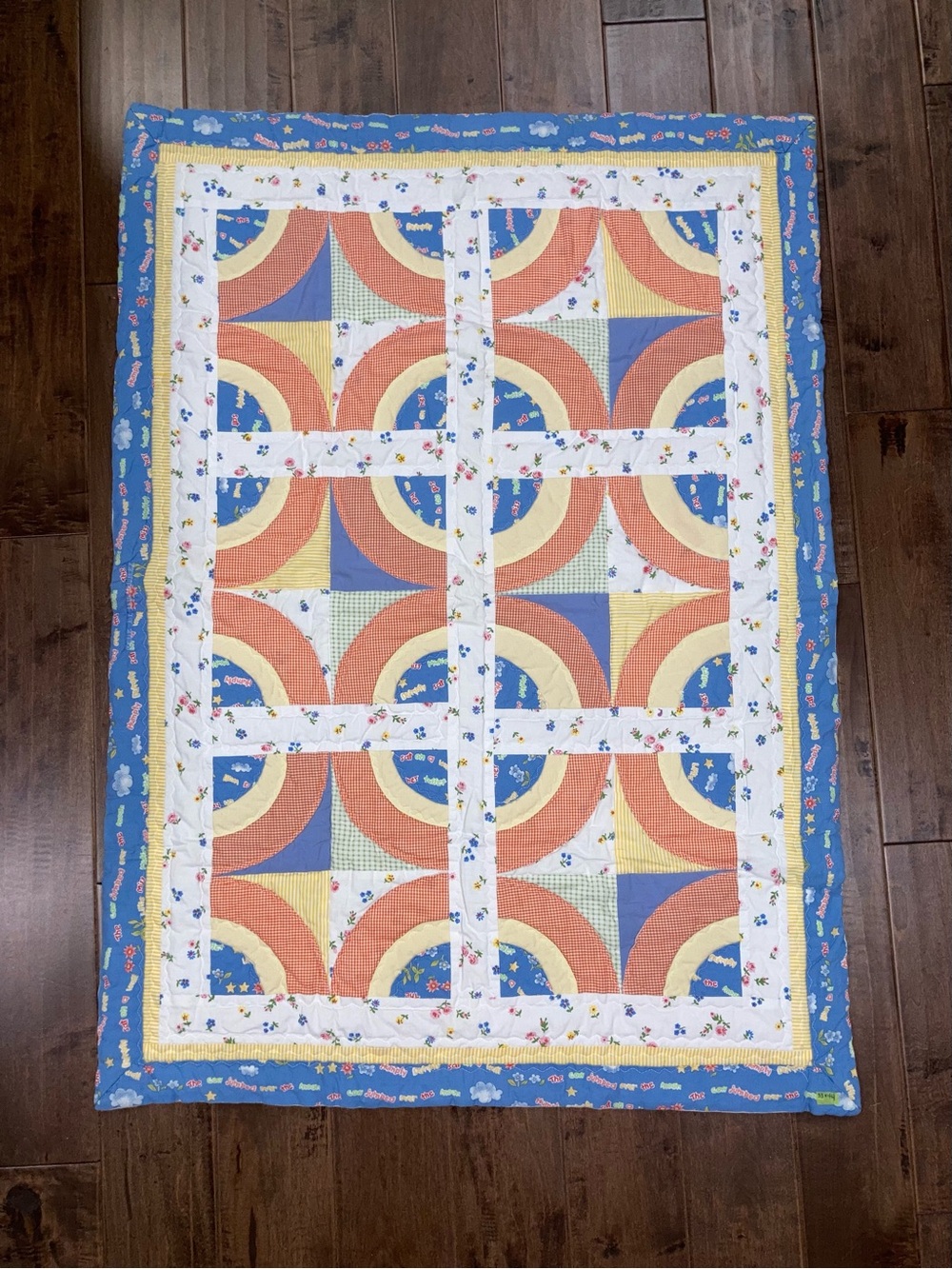 Vintage Handmade Blue & Orange & White Patchwork Baby Quilt - 33” x 44”